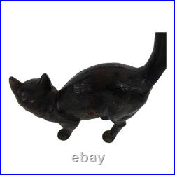 Vintage Black Cast Iron Cat Doorstop Arched Back Green Eyes Tail Molded Hair