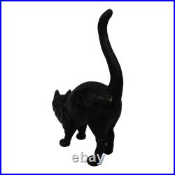 Vintage Black Cast Iron Cat Doorstop Arched Back Green Eyes Tail Molded Hair