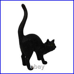 Vintage Black Cast Iron Cat Doorstop Arched Back Green Eyes Tail Molded Hair