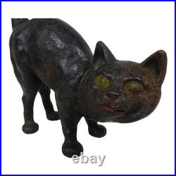 Vintage Black Cast Iron Cat Doorstop Arched Back Green Eyes Tail Molded Hair
