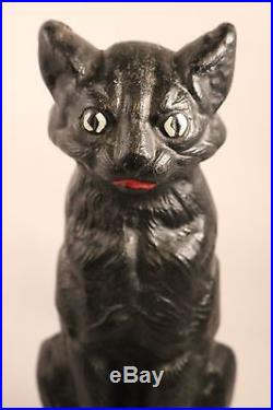 Vintage Black Cat Cast Iron Door Stop Halloween White Eyes 9 1/4 Tall