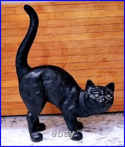 Vintage Black Cat Heavy Doorstop Cast Iron Arched Back Tail Up