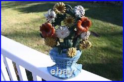 Vintage CAST IRON FLOWER BASKET DOORSTOP Blue