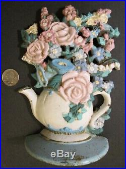 Vintage CAST IRON MIDWEST IMPORTERS DOOR STOP Lovely Teapot & Flowers Motif