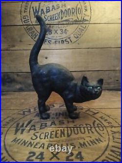 Vintage Cast Iron Black Cat Figure Doorstop Halloween Scared Arched Back