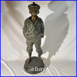 -Vintage Cast Iron Boy In Hat And Tie Heavy Door Stop 17 tall