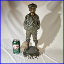 -Vintage Cast Iron Boy In Hat And Tie Heavy Door Stop 17 tall