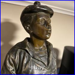 -Vintage Cast Iron Boy In Hat And Tie Heavy Door Stop 17 tall