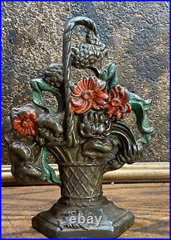 Vintage Cast Iron Door Stop Hubley Flowers in Vase Floral w Original Paint
