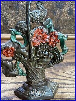 Vintage Cast Iron Door Stop Hubley Flowers in Vase Floral w Original Paint