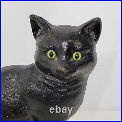 Vintage Cast Iron Door Stop Large Sitting Cat with Glass Eyes 12 x 10