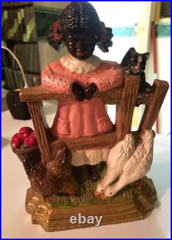 Vintage Cast Iron Door Stop Scene Is Girl Standing at Fence With Farm Animals Vintage Cast Iron Door Stop Scene Is Girl Standing at Fence With Farm Animals