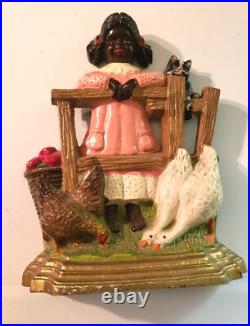 Vintage Cast Iron Door Stop Scene Is Girl Standing at Fence With Farm Animals Vintage Cast Iron Door Stop Scene Is Girl Standing at Fence With Farm Animals