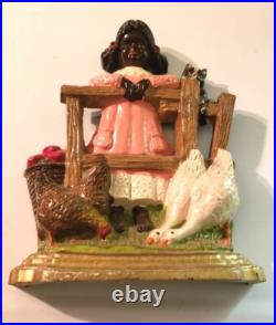 Vintage Cast Iron Door Stop Scene Is Girl Standing at Fence With Farm Animals Vintage Cast Iron Door Stop Scene Is Girl Standing at Fence With Farm Animals