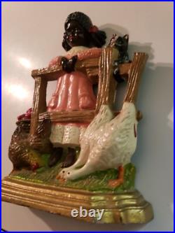 Vintage Cast Iron Door Stop Scene Is Girl Standing at Fence With Farm Animals Vintage Cast Iron Door Stop Scene Is Girl Standing at Fence With Farm Animals