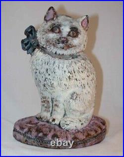 Vintage Cast Iron Doorstop Colorful Cat with Blue Bow Sitting Up on Pink Pillow