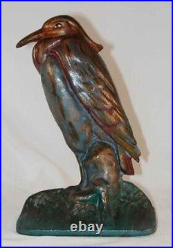 Vintage Cast Iron Doorstop Colorful Heron Standing Albany Foundry Co. Marked 83