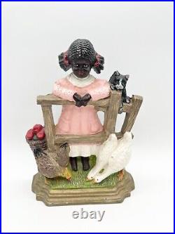 Vintage Cast Iron Doorstop Girl Standing at Fence Farm Animals Americana Vintage Cast Iron Doorstop Girl Standing at Fence Farm Animals Americana
