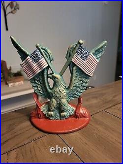Vintage Cast Iron Doorstop Spread Wing Eagle with American Flags