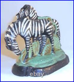Vintage Cast Iron Doorstop Two Black & White Zebras Standing Within Green Plants