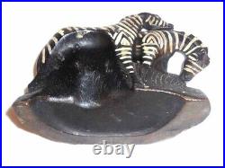 Vintage Cast Iron Doorstop Two Black & White Zebras Standing Within Green Plants