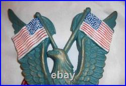 Vintage Cast Iron Doorstop USA Spread Wing Eagle Standing Two American Flags