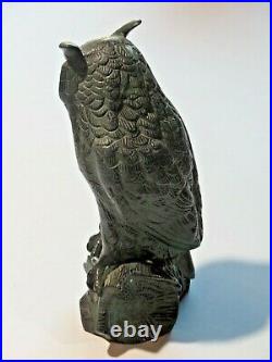 Vintage Cast Iron Figural Owl Perched on Log Figurine Door Stop Heavy 10 Tall