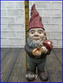 Vintage Cast Iron Garden Gnome Holding Mushroom Door Stop Lawn Yard Art