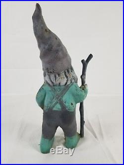 Vintage Cast Iron Garden Gnome Holding Stick Yard Art Statue Door Stop 12 Tall