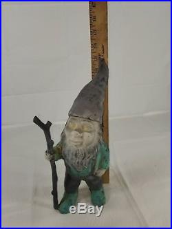 Vintage Cast Iron Garden Gnome Holding Stick Yard Art Statue Door Stop 12 Tall