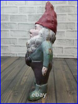 Vintage Cast Iron Garden Gnome Holding Watering Can Door Stop Lawn Yard Art