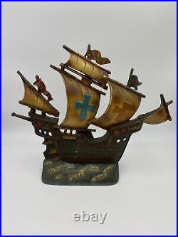 Vintage Cast Iron Hand Painted Sailing Ship 14 x 11 inches Door Stop