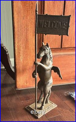 Vintage Cast Iron Horse Pegasus Doorstop Welcome 22 inches