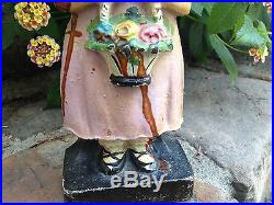 Vintage Cast Iron Lady Woman Child Holding Basket of Flowers Doorstop Bookend