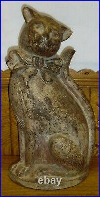Vintage English Cast Iron Doorstop Cat with Ribbon Bow 14 1/2