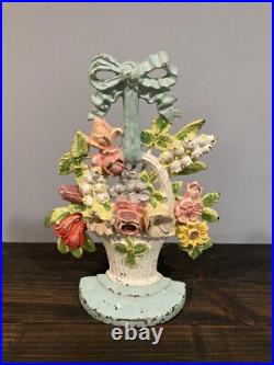 Vintage Hubley Cast Iron Doorstop #189 Lillies Of The Valley Flower Basket