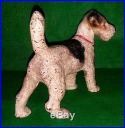 Vintage Hubley Cast Iron Fox Terrier Dog with Red Collar Doorstop