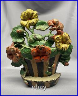 Vintage Hubley Cast Iron Nasturtiums Flower Basket Doorstop Original Paint