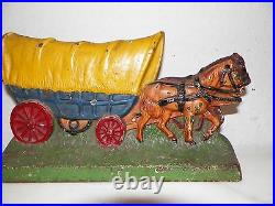Vintage Hubley Covered Wagon Cast Iron Door Stop Original Chippy Paint