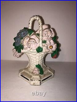 Vintage Hubley No. # 8 Cast Iron Doorstop Wicker Flower Basket