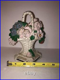 Vintage Hubley No. # 8 Cast Iron Doorstop Wicker Flower Basket
