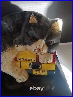Vintage Large Black & White Cast Iron Cat Lying On Books Doorstop Hand Painted