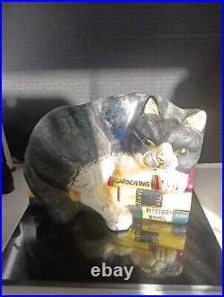 Vintage Large Black & White Cast Iron Cat Lying On Books Doorstop Hand Painted