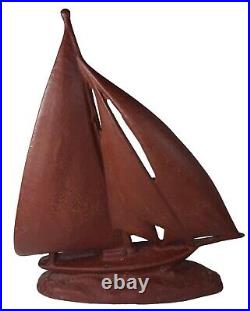 Vintage Maroon Painted Cast Iron Nautical Sailboat 13t Door Stop, 8lb 14oz