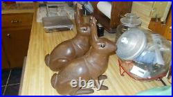 Vintage Pair Antique Solid Cast Iron Sitting Painted Brown Bunny Rabbit Unmarked