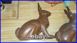 Vintage Pair Antique Solid Cast Iron Sitting Painted Brown Bunny Rabbit Unmarked