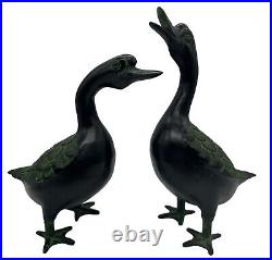 Vintage Pair Cast Iron Duck Geese Sculptures Door Stop Verde Patina Japan MCM