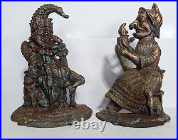 Vintage Punch & Judy Door Stops Cast Iron Large Bronze Copper Color Weathered