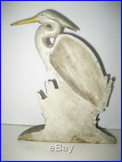Vintage Rare Painted Cast Iron Stork Egret Heron Cat Tails Door Stop