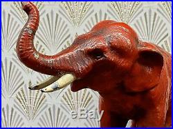 Vintage Red Cast Iron Elephant Doorstop 8 1/2 Long Trunk Up For Luck! Hubley